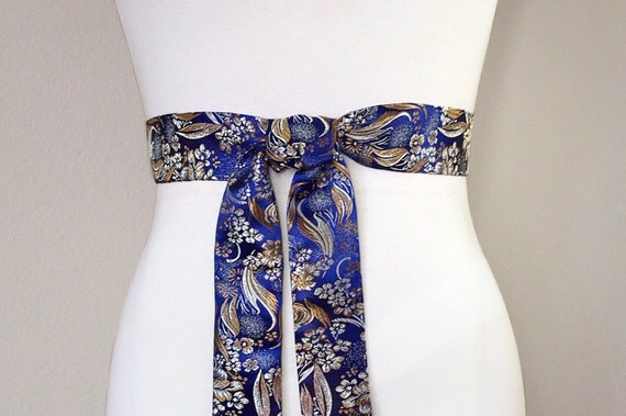 Asian Brocade Sash in Sapphire Blue Intricate Floral by SatinSwank