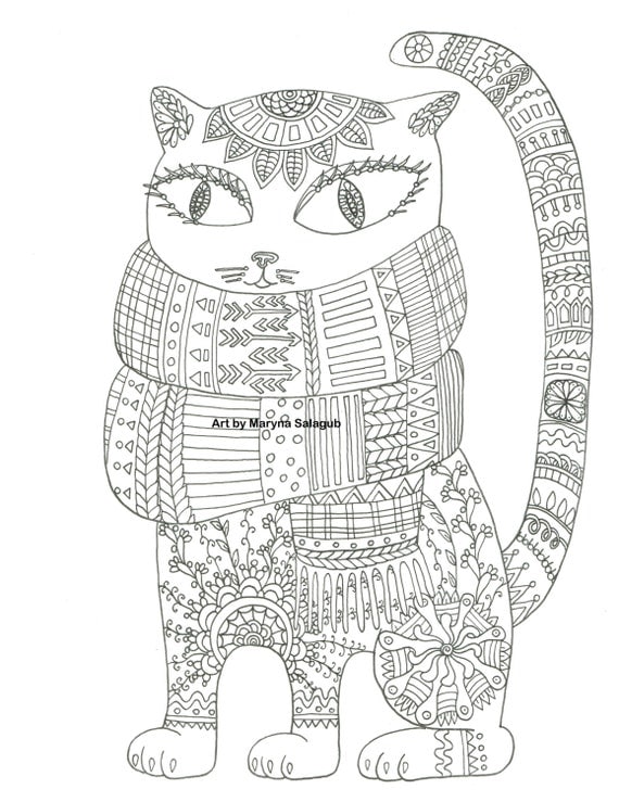  Winter  cat  Instant download coloring  page  adult clip art