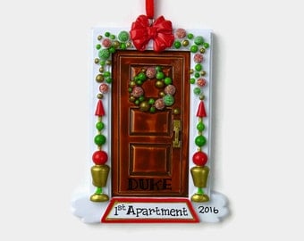 Funky or Festive Brown Door - New Home - First Apartment Personalized Ornament - Hand Personalized Christmas Ornament