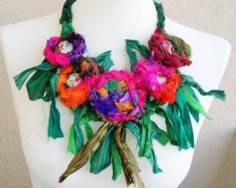 Sari silk ribbon statement necklace-different seasons-spring, multiolour, women gift, girl gift