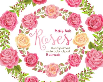 roses watercolor clipart, floral graphic pink roses with wreath and laurel, handpainted watercolor clipart by SLS Lines, rose watercolors