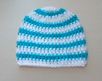 Baby boy hat Crochet baby hat Striped baby hat Crochet newborn hat Newborn hospital hat Turquoise and white hat Baby hats for boys