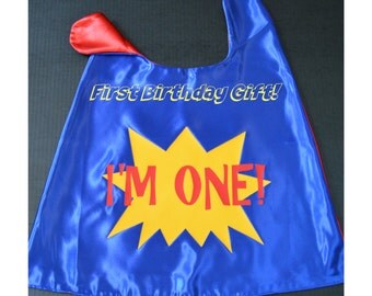 TODDLER Superhero Cape. Reversible Cape. I'm ONE superhero cape. First Birthday Gift. First Birthday Cape. Baby's First Cape. Satin Cape.