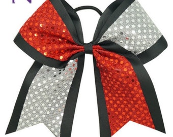 Red and Silver Cheer Bow ~ Sequin hair bow ~ Cheer Bow, Varsity Cheerleading Ponytail Bow