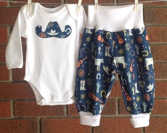 New baby boy, cowboy fabric cotton, size nb 3 6 12 mths, wild west outfit, ribbed harem pants, clothes cowboys