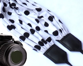 Scarf camera strap. Dots camera strap. DSLR / SLR Camera accessories. Black and white camera strap from InTePro