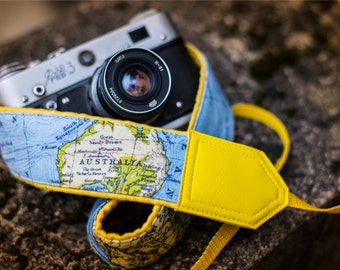 Yellow North America, Australia map camera strap. DSLR / SLR Camera Strap. World Map Camera Strap. Photo camera accessories.