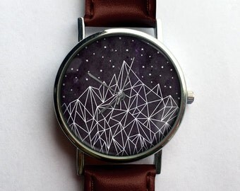 Geometric Mountain Unisex Watch, Ladies Watch, Men's Watch, Minimalist, Nature, Modern, Geometry, Aztec, Navajo, Analog, Gift Idea