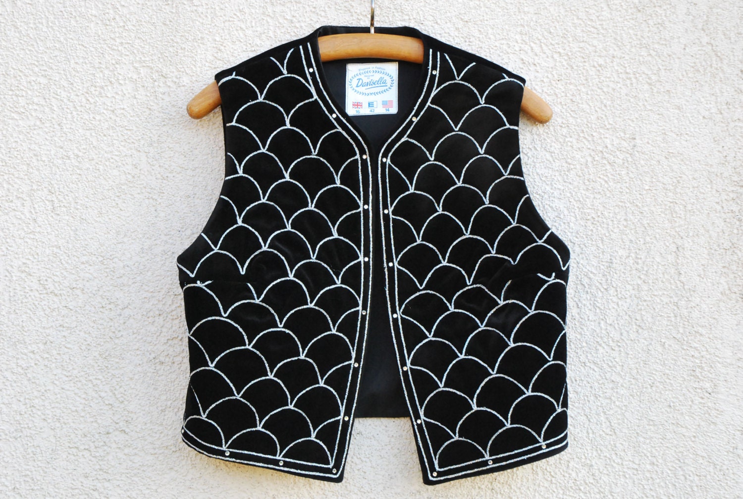 Vintage Black Velvet Vest Womens Silver Embroidered Folk Style