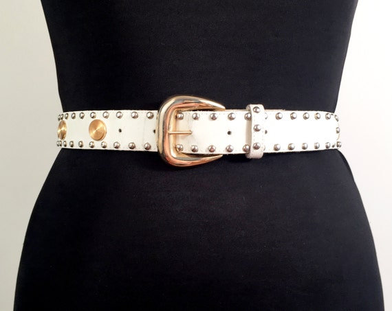 90s Accessories/ 1990s Studded Belt Vintage White Leather Gold
