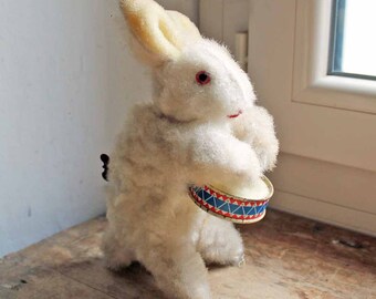 Vintage clock work toy Rabbit with drum / 1950's West Germany winding toy Rabit /antique Wind up toy /Mechanical music toy
