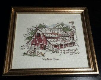 Vintage gold framed, red Western Barn, Cross stitch, handmade, country prim decor
