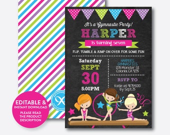 Instant Download, Editable Gymnastics Birthday Invitation, Gymnastics Invitation, Gymnastics Party Invitation, Girl, Chalkboard (CKB.465B)