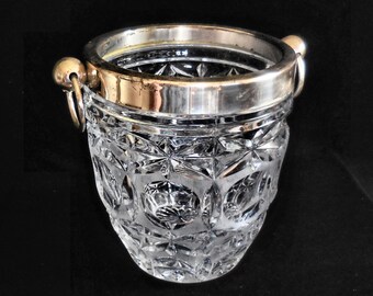 Large Cut Crystal Champagne Bucket with Silver Plate Rim and Ring Handles