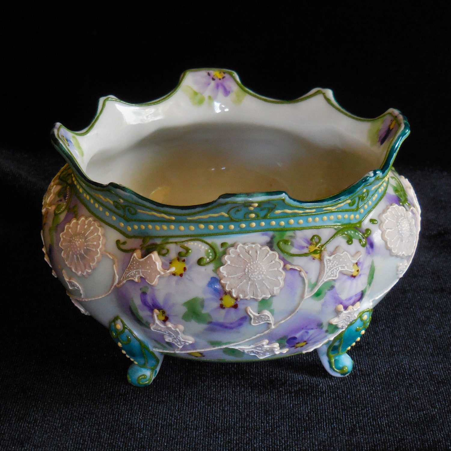 Nippon Moriage Porcelain Footed Bowl or Pot Lavender and Green