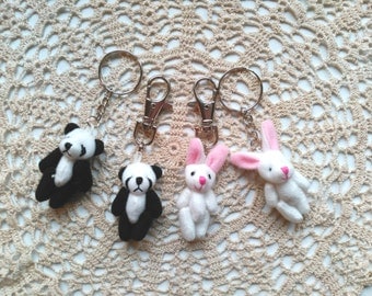 Tiny Fabric Panda Bear Bag Clips & Key-rings. Little Girl Gift Idea. Shabby Chic Bunny Rabbit Book Bag Clips, Keychains. Cute Accessories.