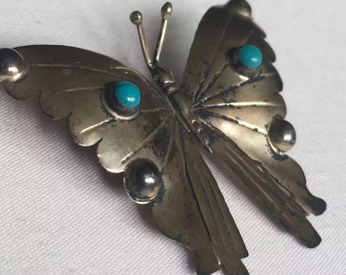 Storewide 25% Off SALE Vintage Sterling Silver Turquoise Accented Butterfly Brooch Featuring Southwestern Blue Turquoise Cabochons