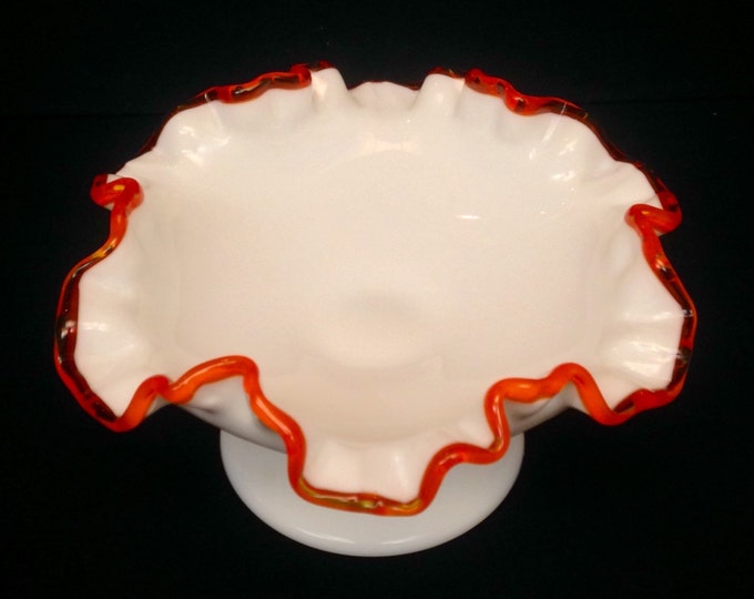 Storewide 25% Off SALE Rare Limited Edition Vintage 1963 Fenton Flame Crested White Milk Glass Pedestal Bowl Featuring Ruffled Orange Trim D