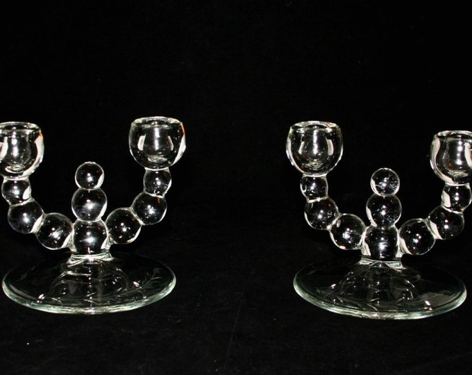 Storewide 25% Off SALE Vintage Bubble Clear Crystal Glass Double Stemmed Matching Candlestick Holders Featuring Elegant Etched Base Design