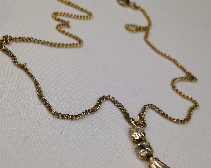 Storewide 25% Off SALE Vintage Gold Tone Designer Twisted Chain Necklace With Diamond Crystal Pendant Featuring Beautiful Teardrop Design