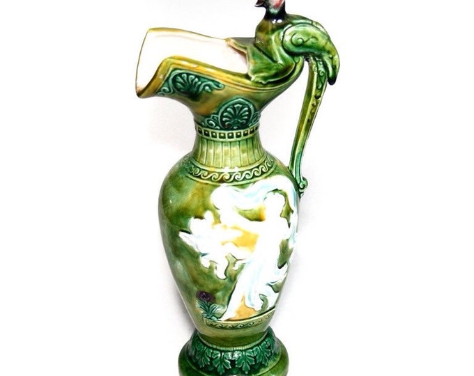 Storewide 25% Off SALE Vintage Emerald Green Decorative Ceramic Pitcher Copper Featuring Detailed Applied Bird Handle Design