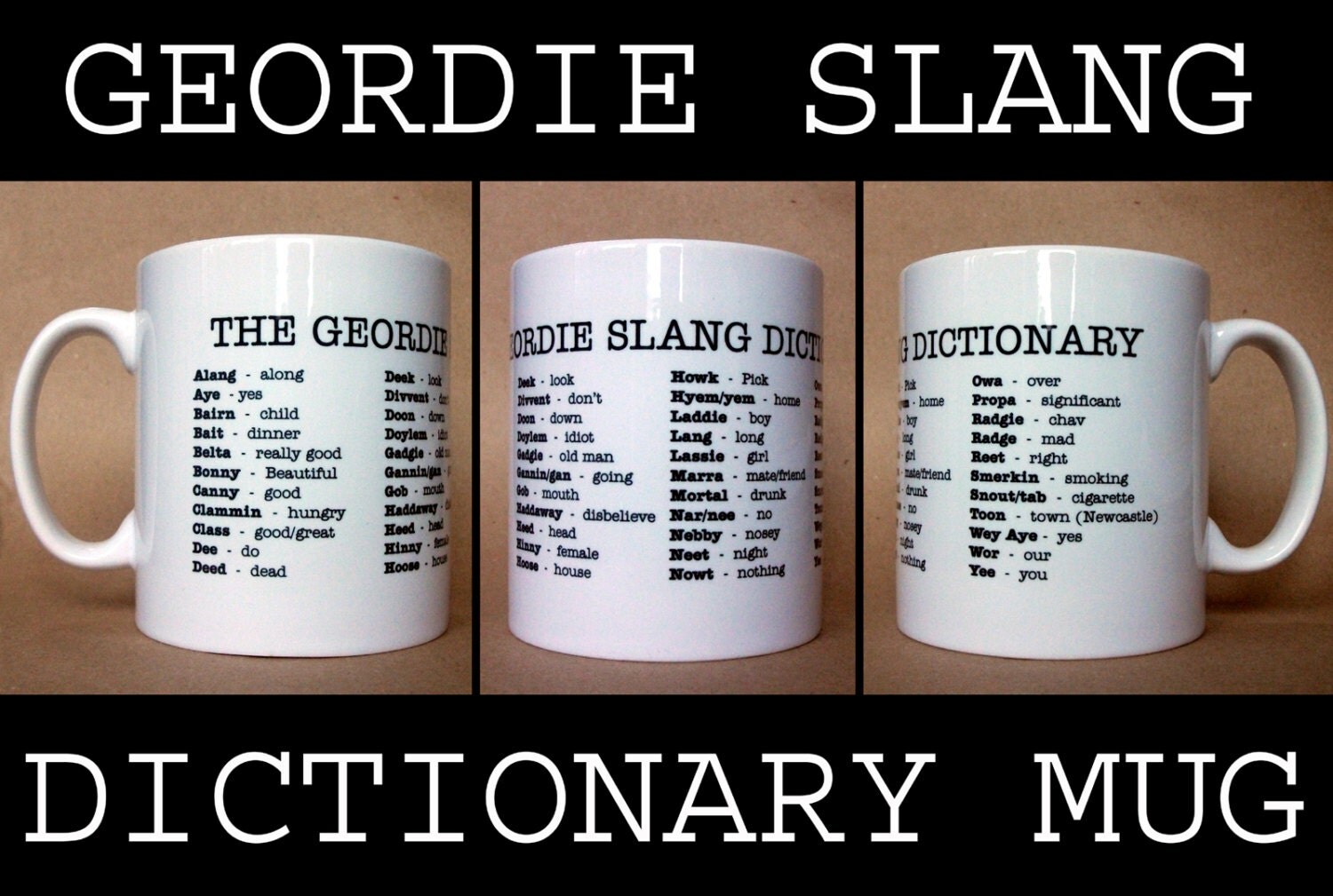 Geordie Slang Dictionary Printed Mug. Novelty fun joke