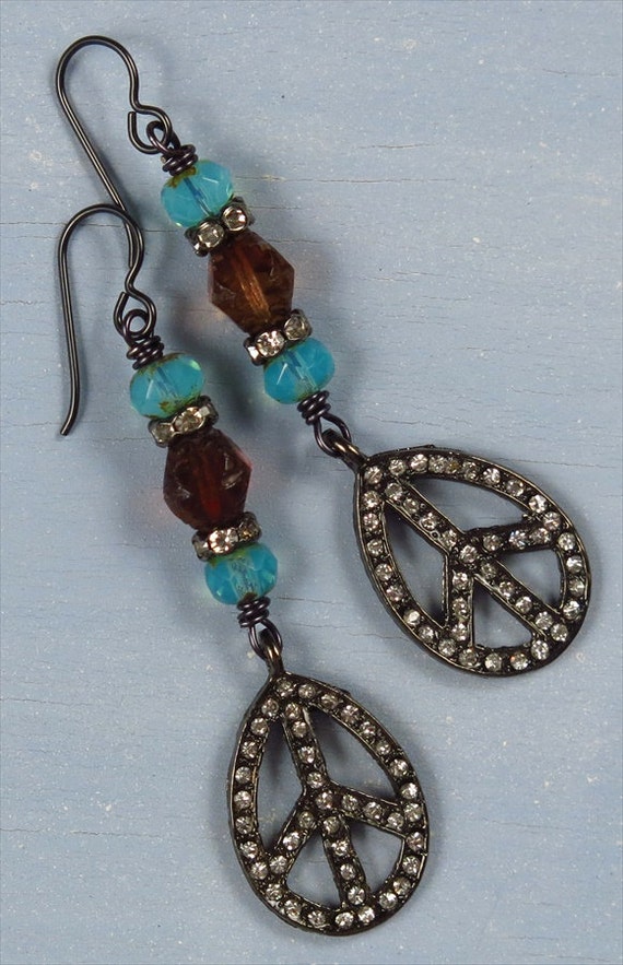 Boho flashy hippie peace earrings rustic bohemian dangle