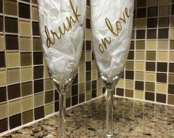 Vinyl Decals for Champagne Glasses, Wedding glasses, Mr. and Mrs Sticker, Drunk on Love decal, Set of 4, drunk in love