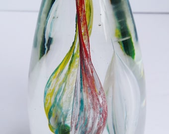 Clear Blown Art Glass Tall Oval Paperweight w/Emerald Green Bottom