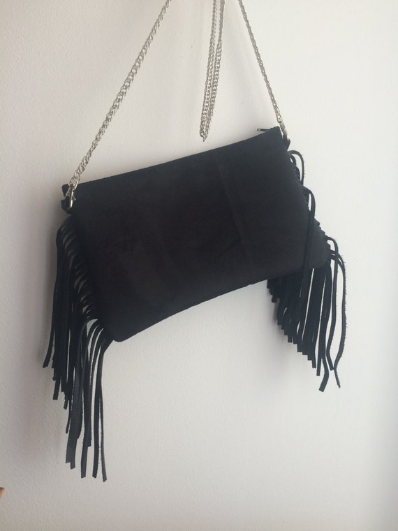 Real black leather & suede fringe bag Clutch bag evening