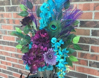 Purple and Turquoise Centerpiece - Peacock Feathers - Silk and True Touch Flowers Floral Arrangement