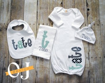 Personalized Baby Boy Gift Set - Newborn Gift Set - Infant Gown - Newborn Hat - Bib - Burp Cloth - Baby Shower - Navy, Grey and Mint
