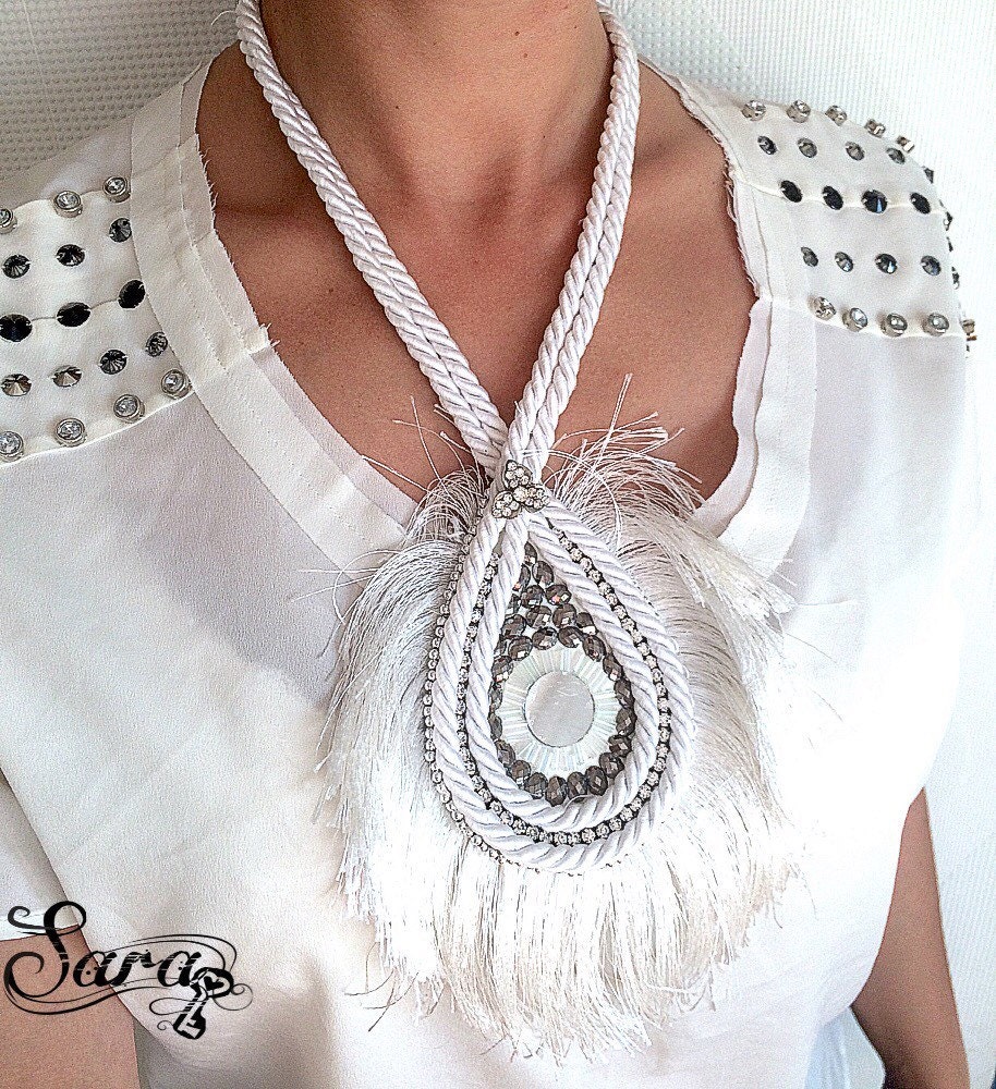 White Rope Necklace, Satin Tassel Necklace, Mirror Necklace, Shiny