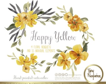 Happy Yellow Watercolor Floral Wedding Elements, Clipart, PNG, Vintage Flowers, Rustic, arrangement, posies, Fall Wedding, for invitations