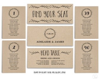 Wedding Seating Chart Template, Printable Header Signs and Wedding Seating Chart Signs 1-40, INSTANT DOWNLOAD, Classic Wreath SC002, VW06