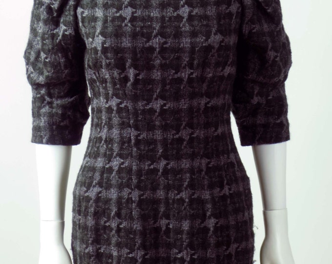 90s Irish wool 3D woven plaid designer vintage puffed sleeve mini dress
