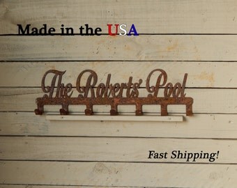 Last Name Pool Towel Rack, Leash Rack, Key Hooks, Towel Rack, Decor, Beach Decor, Personalized, Coat Rack, Name Decor, Metal Rack, CR1023