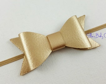 Gold Headband/ Gold Baby Headband/ Gold Bow Headband/ Leather Bow Headband/ Gold Leather Bow/ Infant Headband/ Girls Headband/ Gold Headband