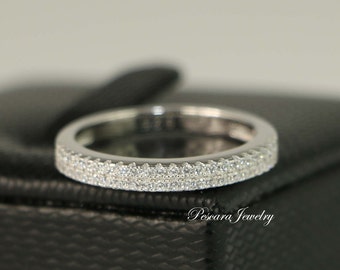 Half Eternity Band - Sterling Silver Wedding Band - Pave Band - Stacking Ring - Cubic Zirconia Ring