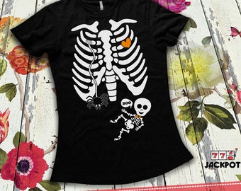 Pregnant Skeleton Shirt Pregnant Halloween Costume Pregnancy Announcement Boy Skeleton T Shirt Halloween Maternity Shirt Ladies MD-555B