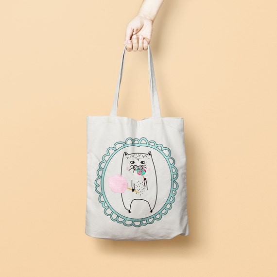 Funny Tote Bag Candy Cat Canvas Tote Bag Printed Tote by dodobob