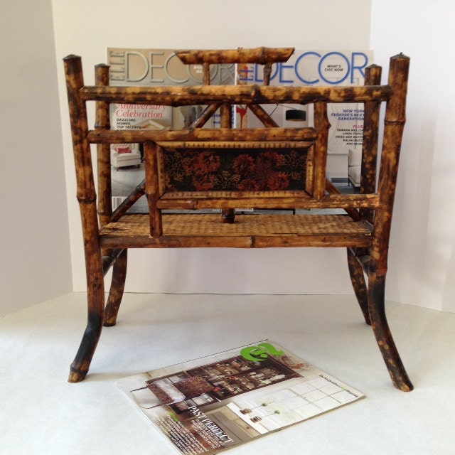 Victorian tortoise bamboo magazine rack with painted chinoiserie panels ...