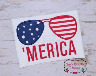 4th of July Merica Aviator Sunglasses Applique Machine Embroidery Design, Summer, Girl, Boy, Fireworks, America, 4x4, 5x7 small, 5x7, 6x10
