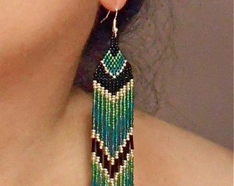 Seed Bead Earrings, Native American Inspired Design, Waterfall Earrings, Handmade Teal Blue and Green, Ocean Blue Seed Beaded Earrings