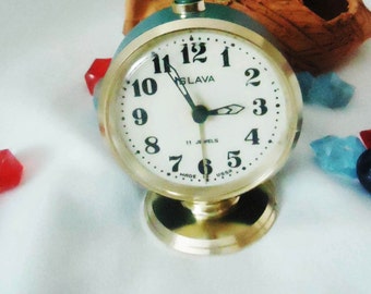 Vintage Alarm Clock ,Soviet Clock, Russian Clock , Mechanical Clock , Blue round clock , Slava,Vintage Russian Alarm Clock Soviet SLAVA,USSR