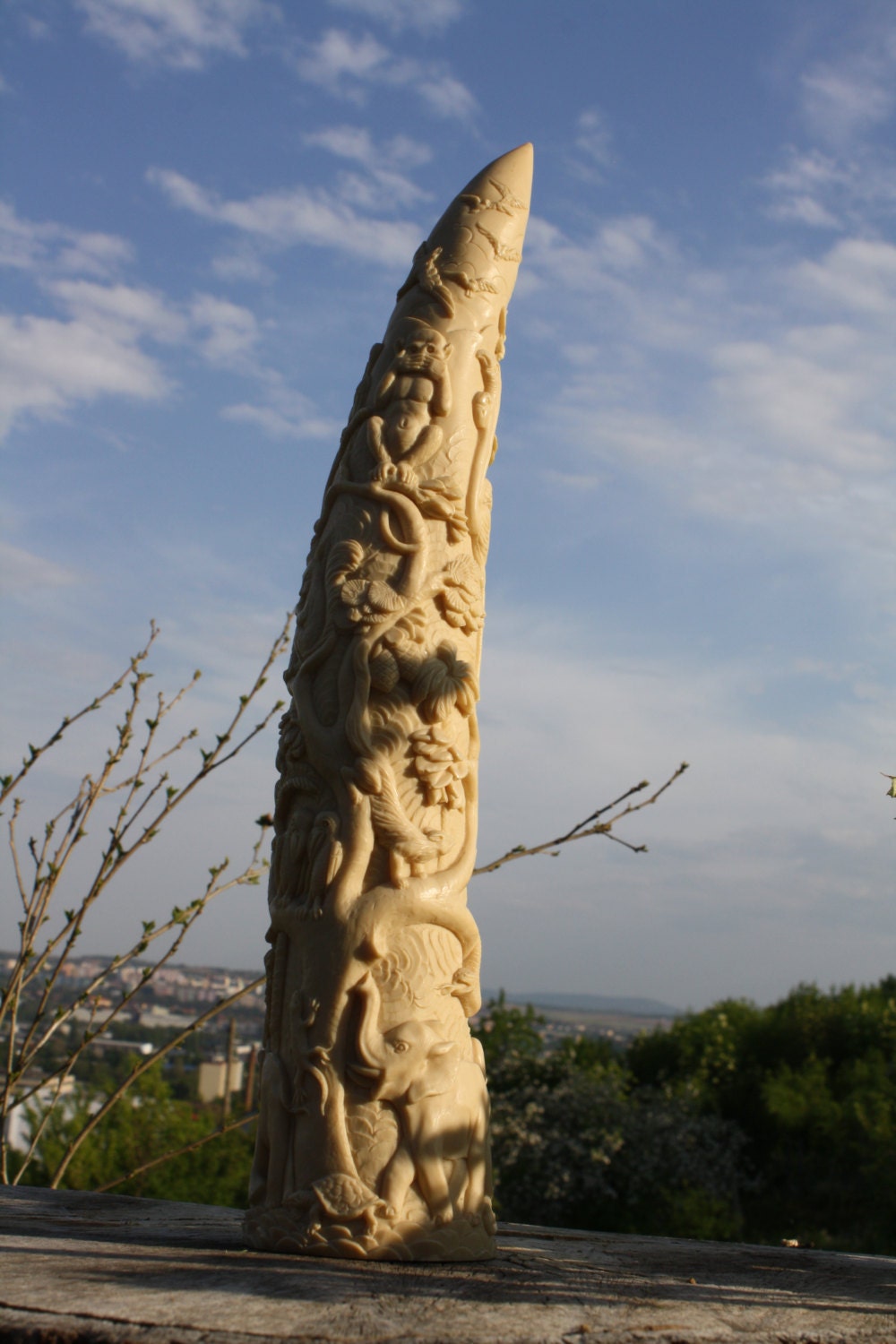 Ivory Tusk, Carved Tusk, Steatite Tusk, Polyresin Faux Horn, Asian Folk