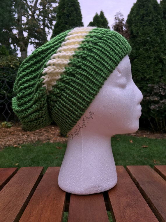 Items similar to Striped Knit Hat for Adults, Green and White Hat ...