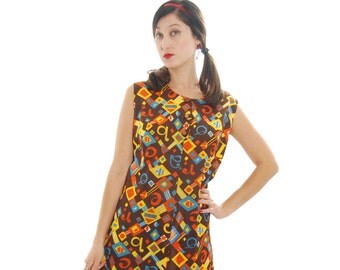 50's Dress.1950 Dress.Vintage Dress.Geometric Dress.50's.Brown, Yellow And Blue Geometric Vintage Dress For Women 1950's. Free Shipping