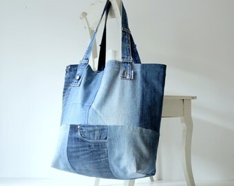 denim canvas tote bag with lots of pockets jeans bag by Lowieke