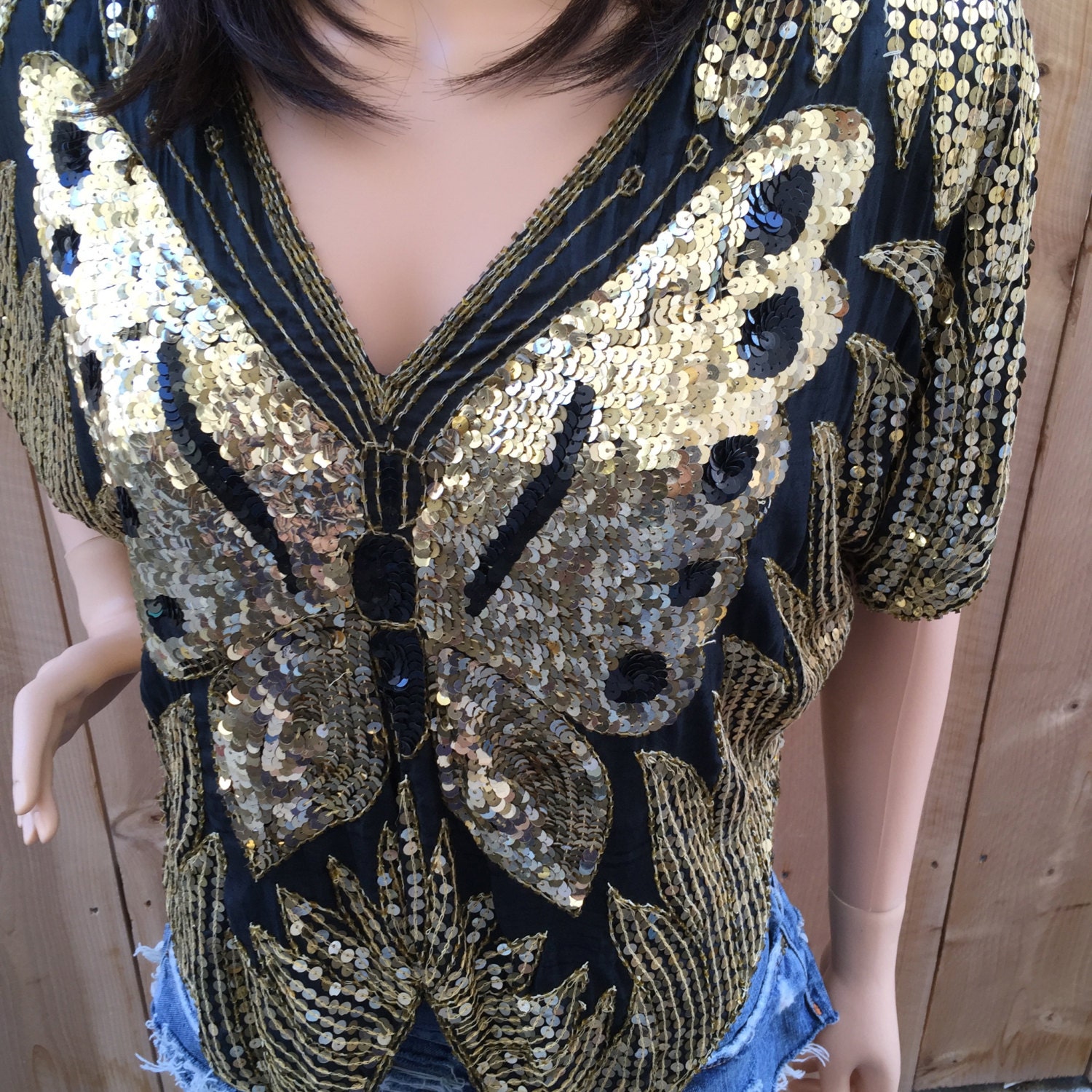 Vintage sequin butterfly top. Black and Gold silk beaded